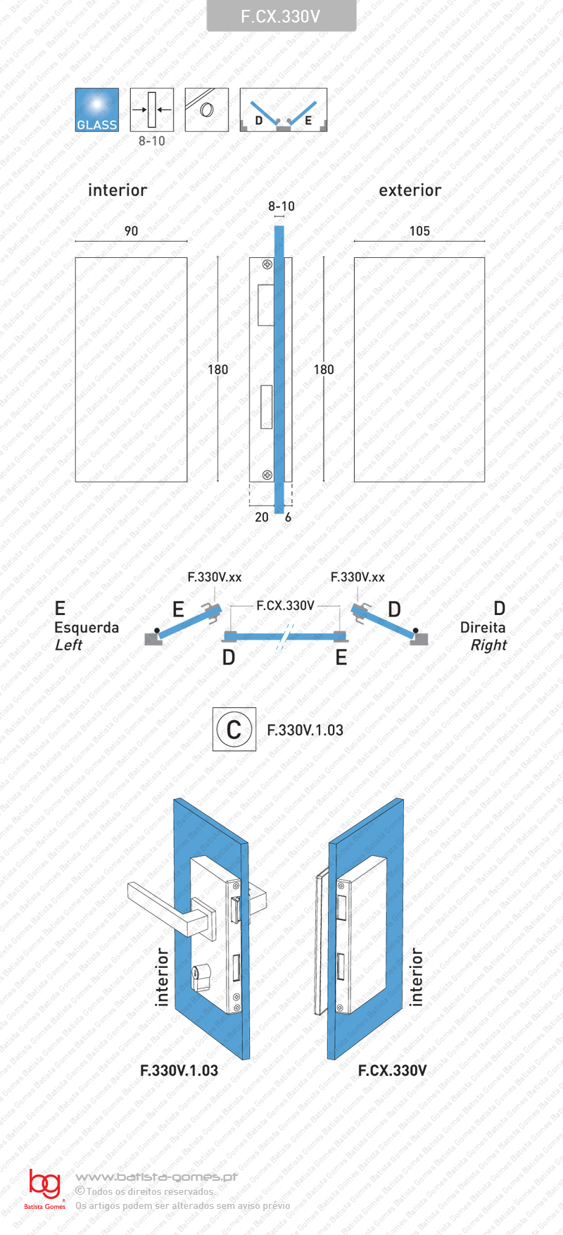 Caixa / testa para folha oposta em vidro compat�vel com fechadura F.330V